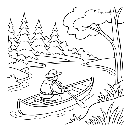 Eine Person sitzt in einem Kanu und rudert auf einem ruhigen See, umgeben von Bäumen, Ufergras und Sträuchern.