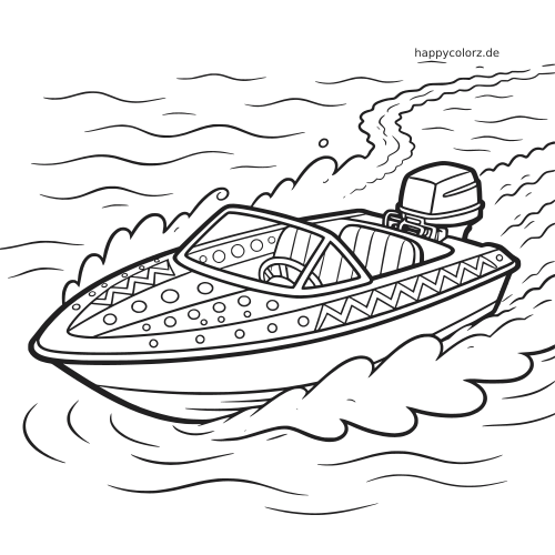 Ein verziertes Rennboot mit Zickzackmustern fährt über das Wasser und zieht in der einfachen Linienzeichnung eine schäumende Spur hinter sich her.