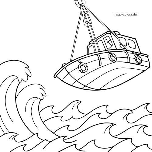 Ein Rettungsboot wird an Seilen über hohe, raue Meereswellen herabgelassen, als einfache Schwarz-Weiß-Zeichnung.