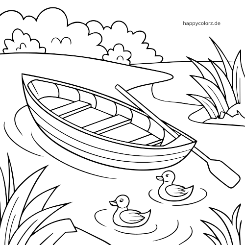 Ein einfaches Ausmalbild mit einem Ruderboot auf einem ruhigen Teich, zwei Enten im Wasser sowie Schilf und Büschen am Ufer.