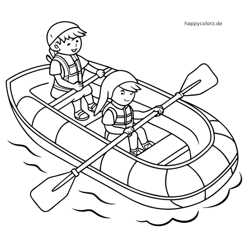 Zwei Kinder sitzen mit Schwimmwesten in einem Schlauchboot und paddeln mit zwei Rudern über das Wasser.