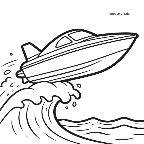 Ein einfaches Linienbild zeigt ein Schnellboot, das in comicartigem Stil über eine große Meereswelle springt.