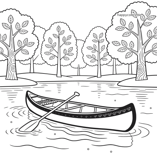 Ein verziertes Kanu schwimmt auf einem ruhigen See, umgeben von Bäumen, als einfache Schwarz-Weiß-Linienzeichnung.