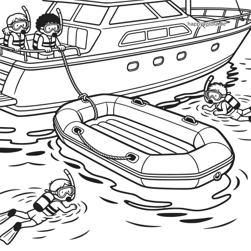 Schwarz-weißes Ausmalbild mit einer Yacht, einem angebundenen Schlauchboot und mehreren schnorchelnden Kindern im Wasser.