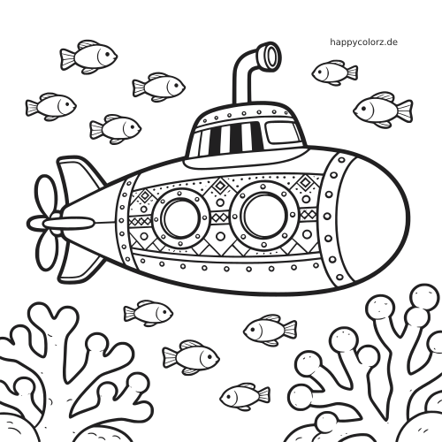 Ein detailliertes U-Boot mit gemusterten Seiten fährt unter Wasser zwischen mehreren kleinen Fischen und Korallen.