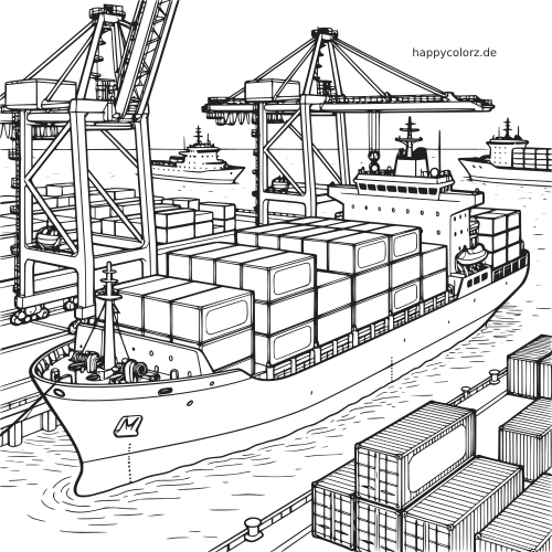 Detailreiche Linienzeichnung eines Containerschiffs im Hafen mit großen Kränen, gestapelten Containern und weiteren Schiffen im Hintergrund.