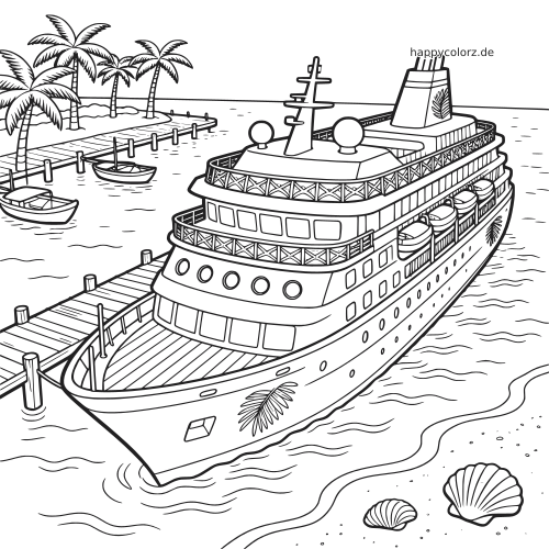Ein detailreiches Kreuzfahrtschiff liegt an einem tropischen Hafen mit Palmen, Steg, kleinen Booten und Muscheln am Strand.