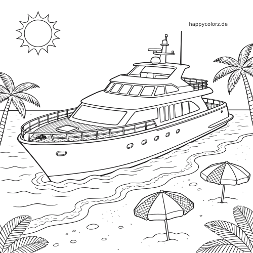 Eine detailreiche Yacht liegt nahe an einem sonnigen Strand mit Palmen, Sonnenschirmen, sanften Wellen und klaren Linien.