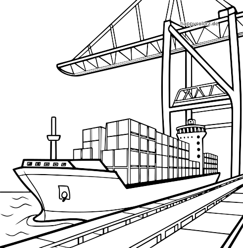Einfache Linienzeichnung eines Containerschiffs am Hafen neben einem großen Verladekran mit gestapelten Containern am Kai.