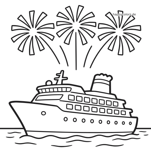 Einfaches Linienbild eines Kreuzfahrtschiffs auf Wellen unter großem Feuerwerk an Silvester.