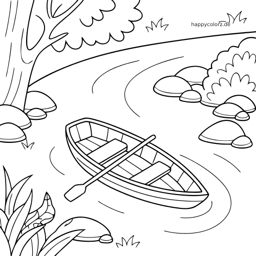 Ein einfaches Ruderboot mit einem Ruder treibt auf einem geschwungenen Fluss, umgeben von Steinen, Büschen und Bäumen.