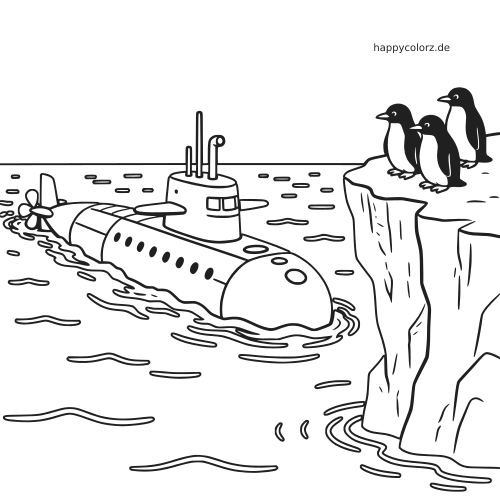 Ein einfach gezeichnetes U-Boot fährt neben einem hohen Eisberg im Meer, während drei Pinguine oben auf dem Eis stehen.