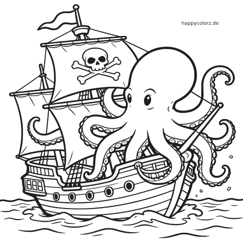 Eine große Krake umschlingt mit ihren Tentakeln ein Piratenschiff mit Totenkopfflagge auf dem Meer in einer schwarz-weißen Szene.