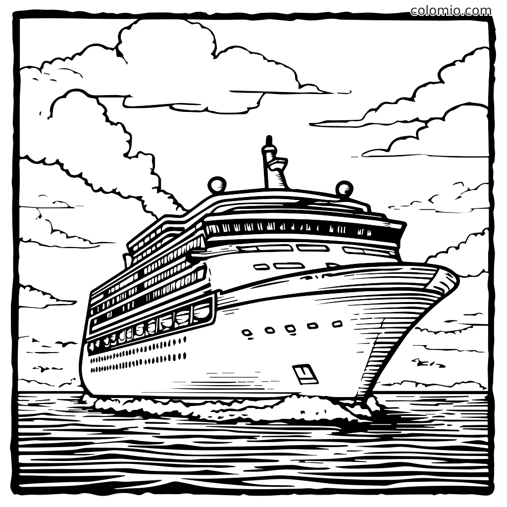 Malvorlage eines großen Kreuzfahrtschiffs auf dem Ozean Eine detaillierte Malvorlage mit einem großen Kreuzfahrtschiff, das auf dem Ozean segelt, mit Wolken am Himmel.