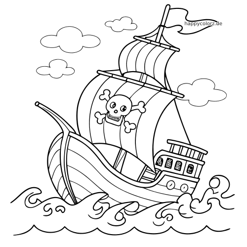 Ein gezeichnetes Piratenschiff mit Totenkopfflagge fährt durch hohe Wellen, darüber sind mehrere einfache Wolken zu sehen.