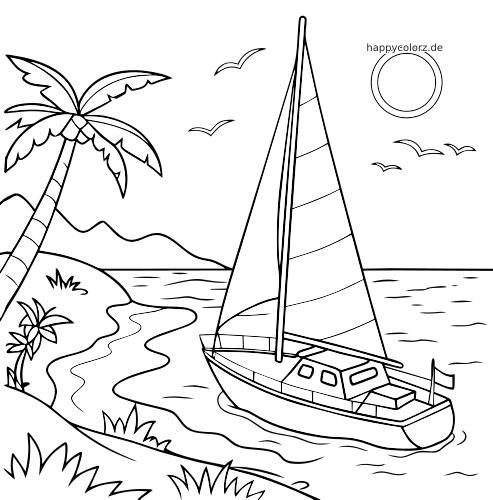 Ein einfaches Segelboot fährt nahe an einem sonnigen Strand mit Palme, Vögeln, ruhigem Wasser und Bergen im Hintergrund.