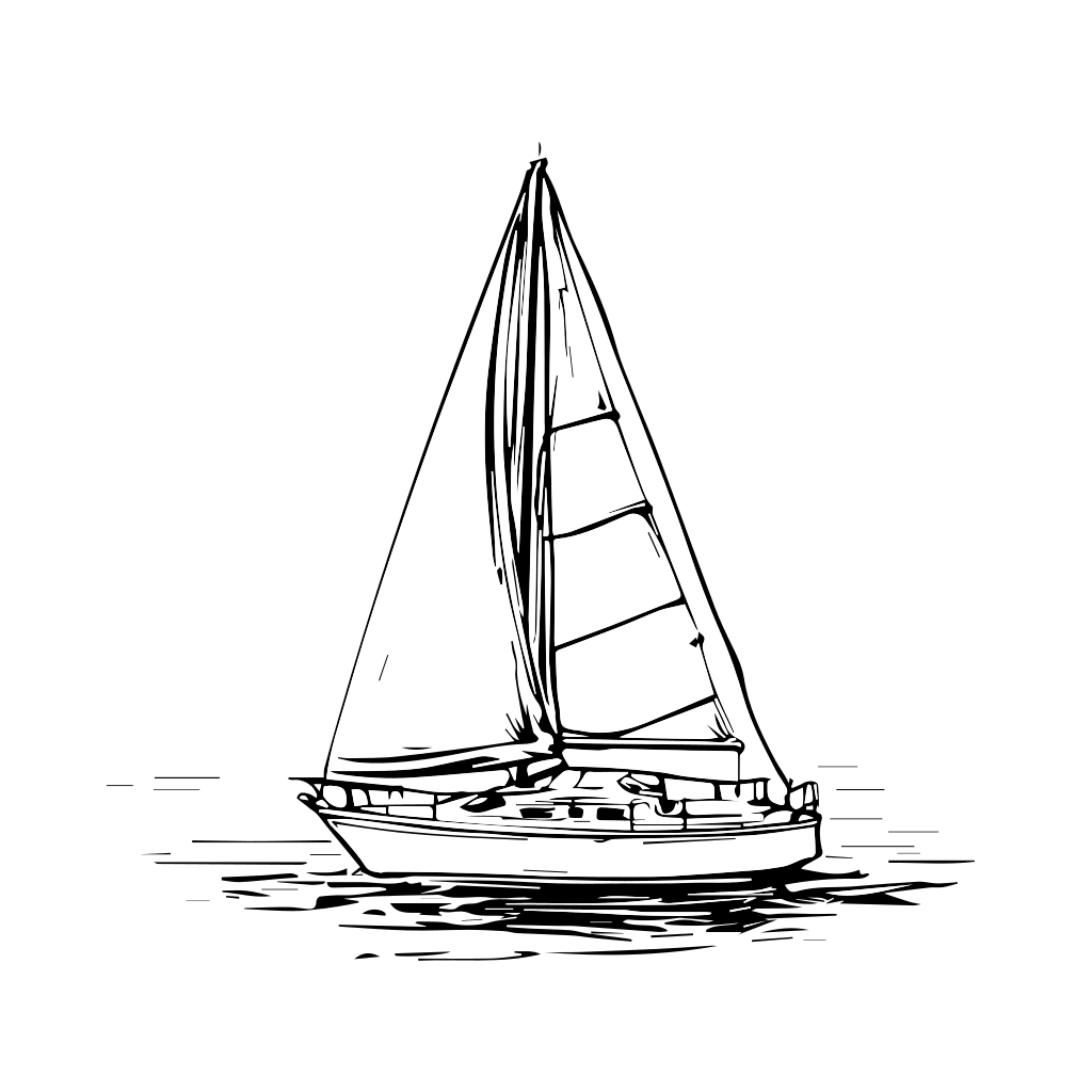 Eine einfache Linienzeichnung eines Segelboots auf dem Wasser, perfekt zum Ausmalen.