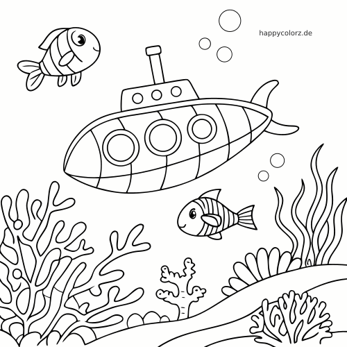 Ein einfaches U-Boot fährt unter Wasser zwischen zwei Fischen, Luftblasen, Korallen und Wasserpflanzen als Linienzeichnung.