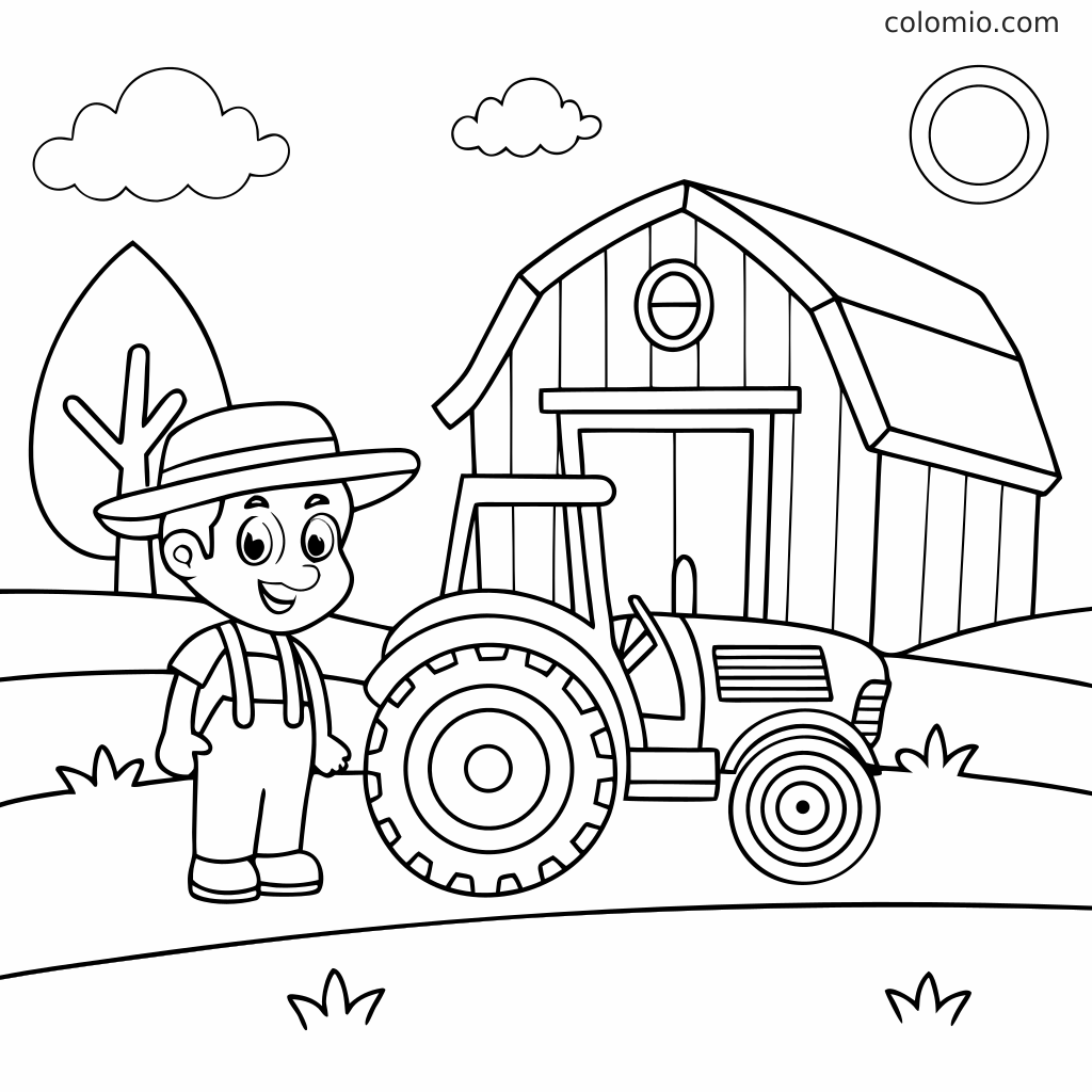 Ein Bauer mit Hut steht neben einem Traktor vor einem Stall, mit einem Baum, Wolken, Sonne und grasigen Hügeln.