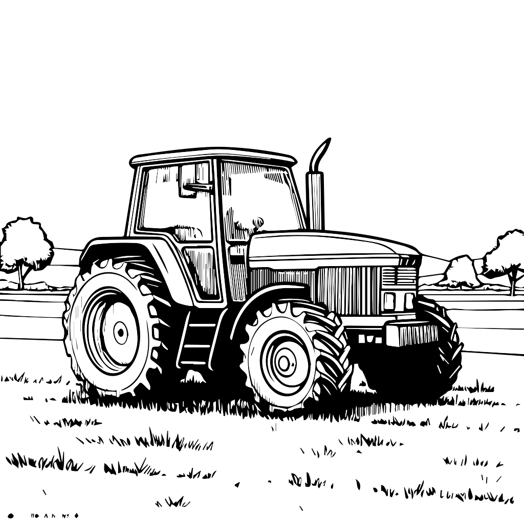 Linienzeichnung eines Traktors, der auf einem grasbewachsenen Feld mit Bäumen im Hintergrund parkt, bereit zum Ausmalen.