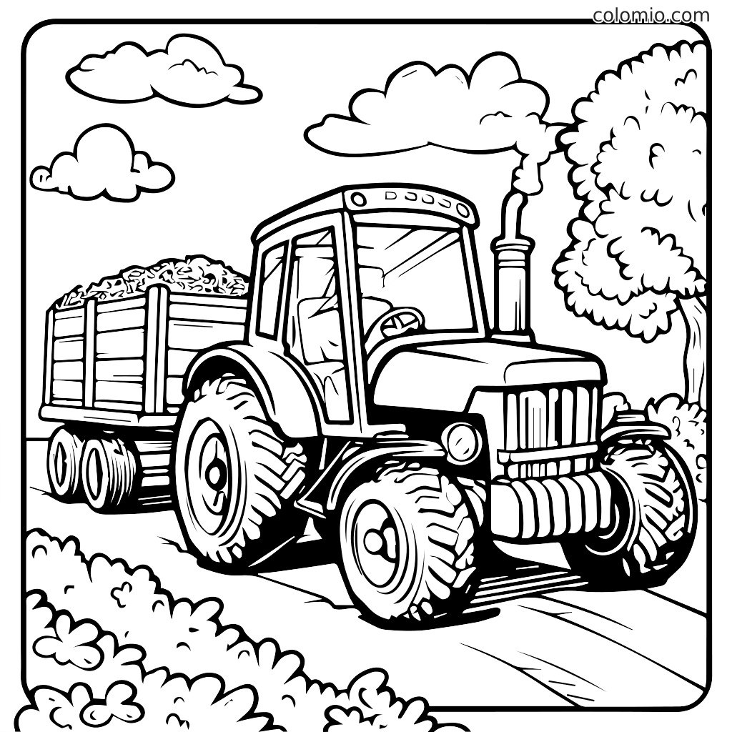 Ein schwarz-weißes Ausmalbild mit einem Traktor, der mit einem Anhänger voller Heu eine Straße entlangfährt, umgeben von Bäumen und Wolken.