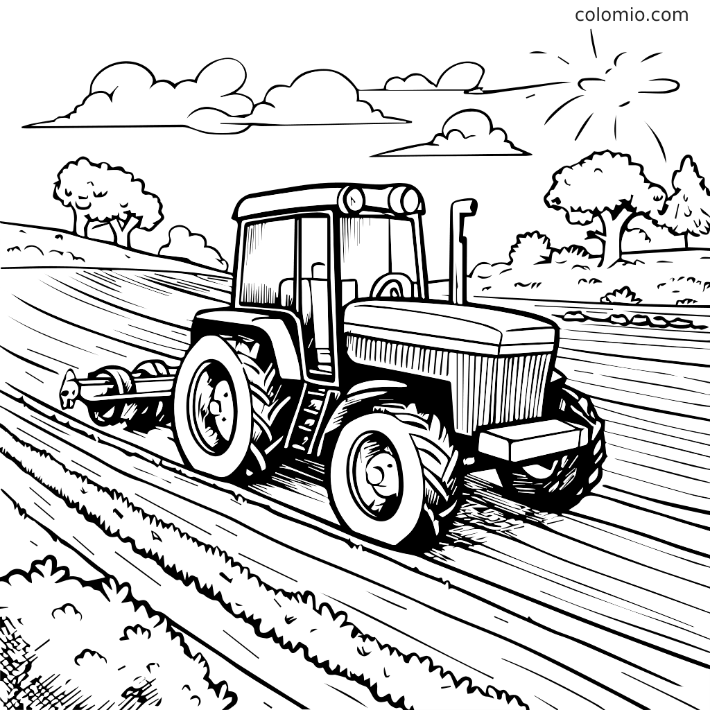 Ein Schwarz-Weiß-Ausmalbild mit einem Traktor, der ein Feld mit Bäumen und Wolken im Hintergrund pflügt.