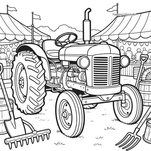 Ein Oldtimer-Traktor auf einem ländlichen Jahrmarkt, umgeben von Zelten, Fässern, Werkzeugen und mehreren Menschen.
