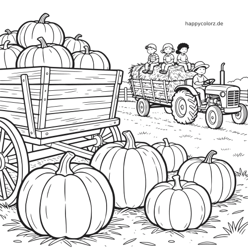 Schwarz-weiße Bauernhofszene mit vielen Kürbissen, einem Holzwagen und einem Traktor, der Kinder auf einer Heufahrt zieht.