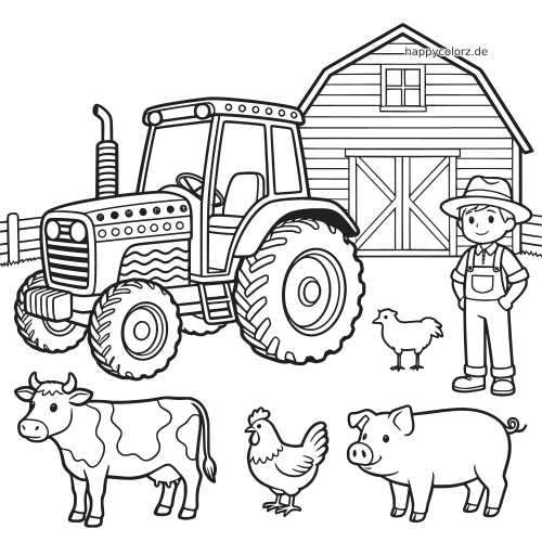 Schwarz-weißes Ausmalbild mit einem Traktor vor einer Scheune, einem Bauern sowie Kuh, Schwein, Huhn und Küken.