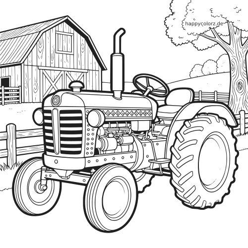 Ein detaillierter Oldtimer-Traktor steht vor einer Holzscheune mit Zaun auf einem Bauernhof, als klare Schwarz-Weiß-Zeichnung.