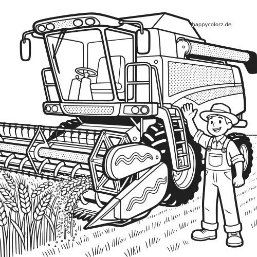 Ein detaillierter Mähdrescher erntet Weizen auf dem Feld, daneben steht ein lächelnder Bauer und winkt.