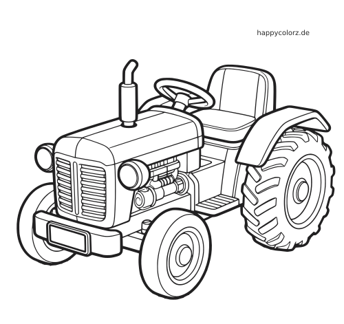 Ein detaillierter Traktor in Dreiviertelansicht mit großem Hinterrad, Sitz, Lenkrad und klaren schwarzen Umrissen.