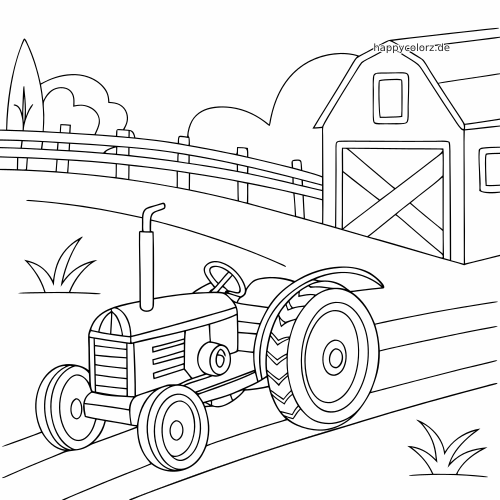 Ein einfacher Oldtimer-Traktor fährt auf einem Feldweg an einer Scheune und einem Zaun vorbei, als klare Schwarz-Weiß-Zeichnung.