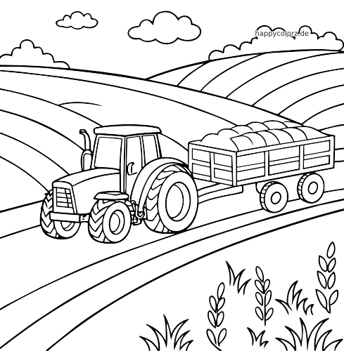 Ein einfacher Traktor zieht einen mit Heu beladenen Anhänger durch hügelige Felder unter Wolken.