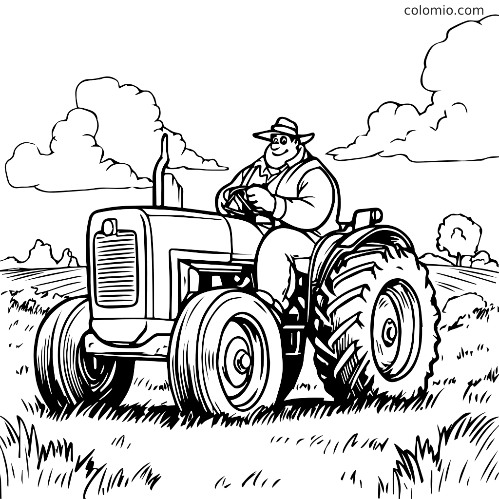 Ein Bauer fährt glücklich mit einem Traktor durch ein Feld unter einem bewölkten Himmel.