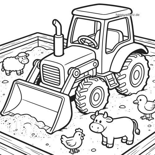 Ein Spielzeugtraktor mit Frontlader steht im Sandkasten neben einem Schaf, einer Kuh, einem Huhn und einer Ente.