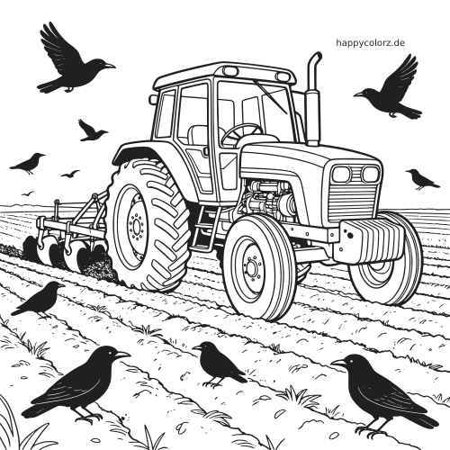 Schwarz-weißes Ausmalbild mit einem Traktor beim Pflügen eines Feldes, während mehrere Krähen darüber fliegen und auf den Furchen stehen.
