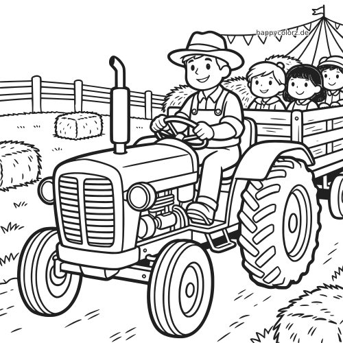 Ein Bauer fährt einen Traktor und zieht einen Heuwagen mit fröhlichen Kindern über ein Erntefest-Gelände.