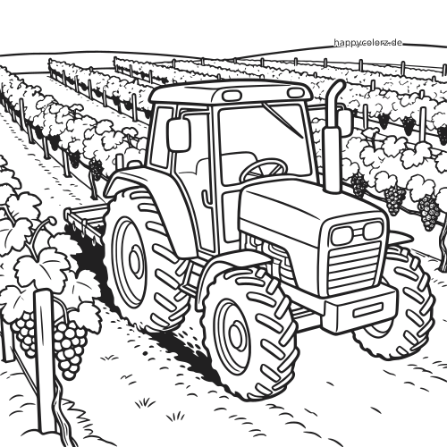 Schwarz-weißes Ausmalbild eines Traktors, der zwischen Rebzeilen in einem Weinberg fährt, in detaillierter Vorderansicht.