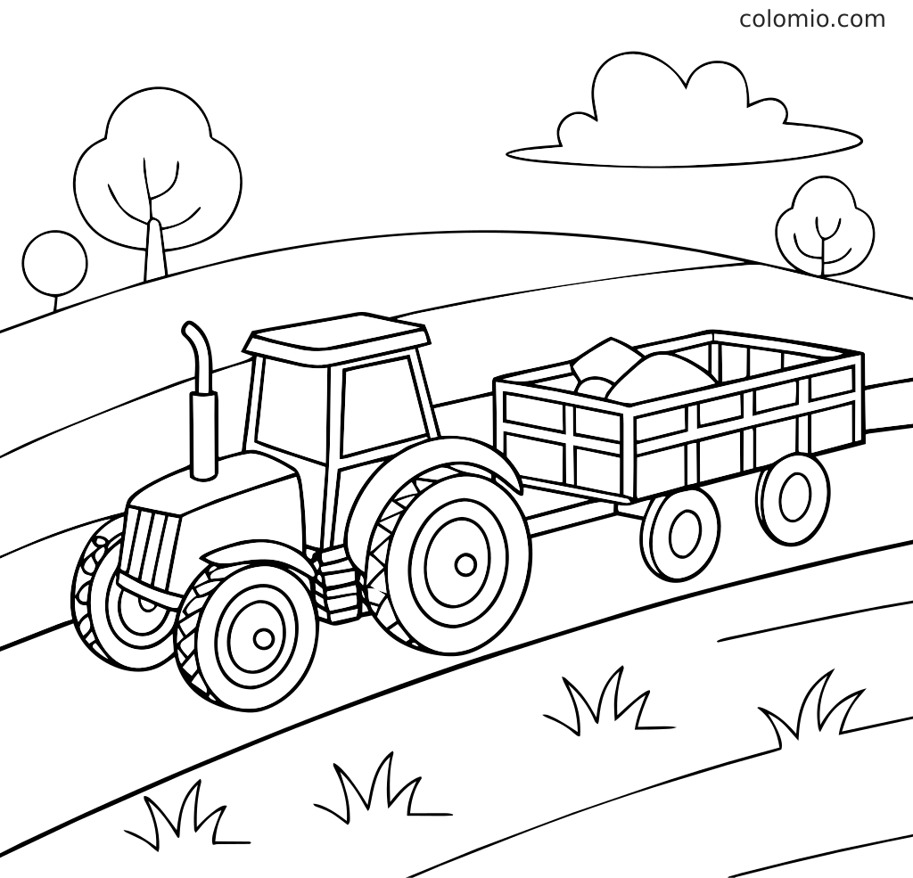Ein Traktor zieht einen mit Heu beladenen Anhänger über einen Feldweg mit sanften Hügeln, Bäumen, Wolken und Gras.