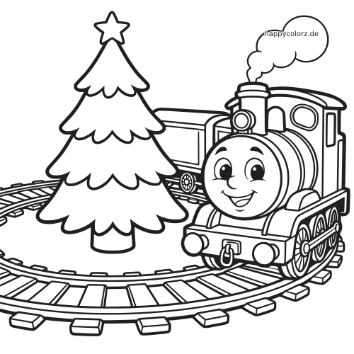 Eine fröhliche Cartoon-Lokomotive mit Gesicht fährt auf einer Kreisbahn um einen Weihnachtsbaum in schwarzer Linienzeichnung.
