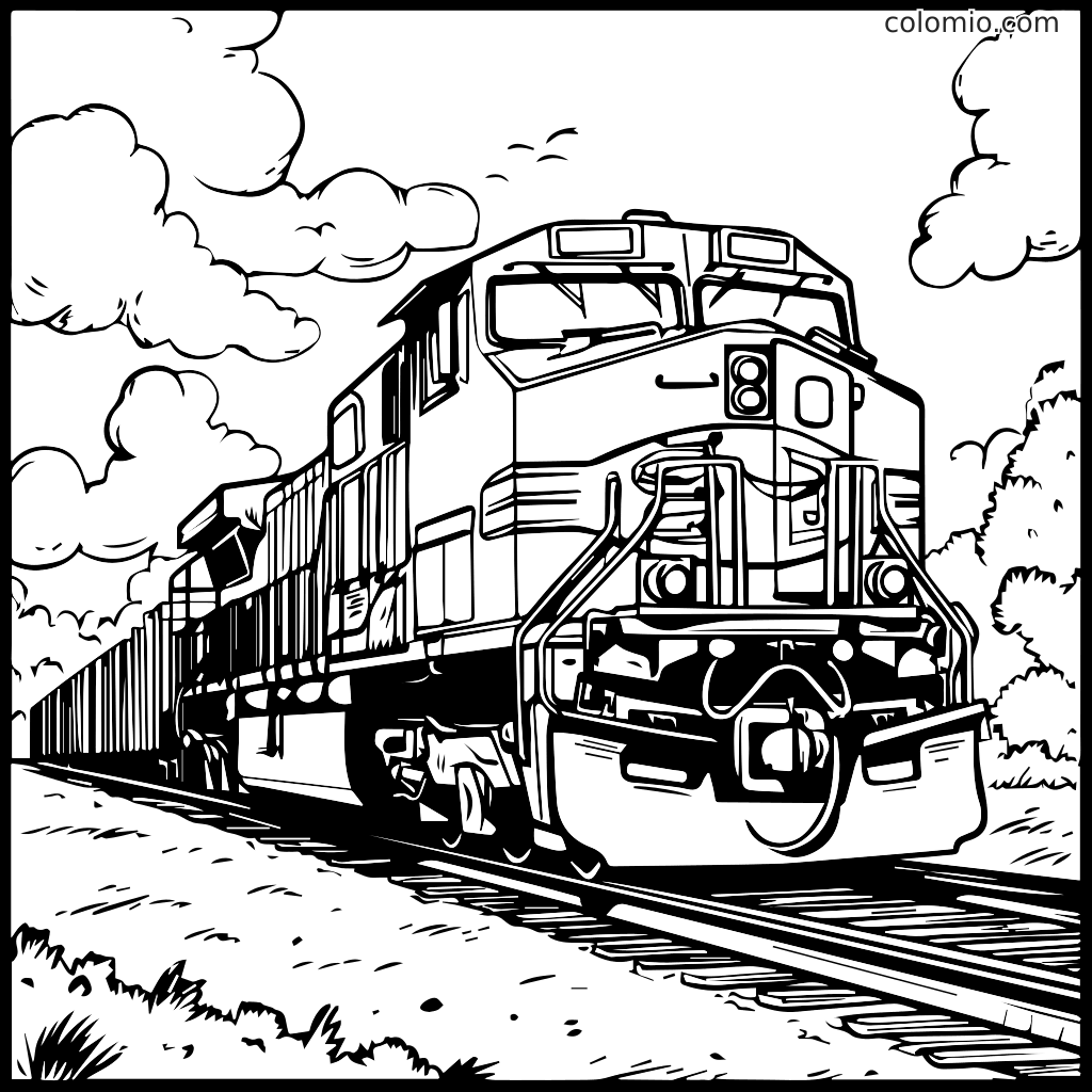 Eine detaillierte Schwarz-Weiß-Illustration einer Lokomotive, die auf Eisenbahngleisen fährt, umgeben von Wolken und Bäumen.