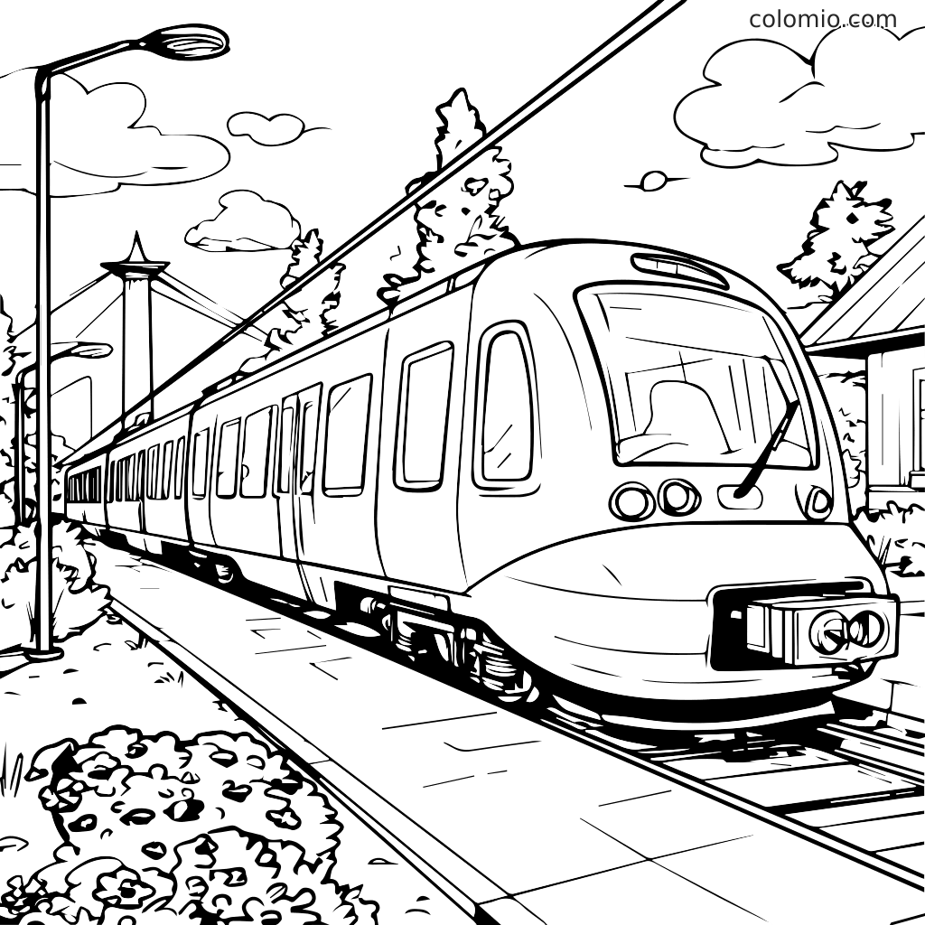 Ein schwarz-weißes Ausmalbild mit einem Zug an einem Bahnhof, umgeben von Bäumen und Wolken.