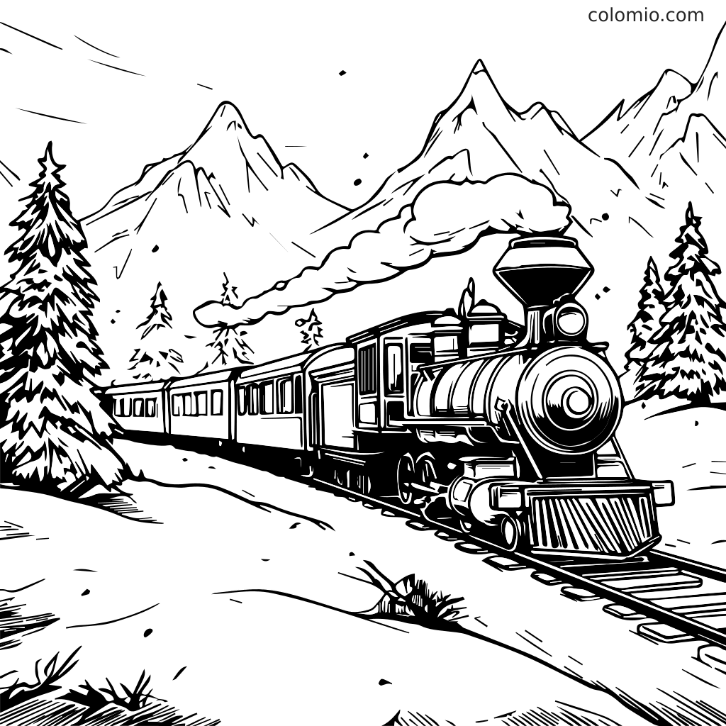 Ein schwarz-weißes Ausmalbild mit einer Dampflok, die durch eine bergige Landschaft mit Bäumen fährt.