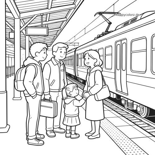 Eine Familie verabschiedet sich auf dem Bahnsteig neben einem modernen Personenzug in einer detailreichen Schwarz-Weiß-Zeichnung.