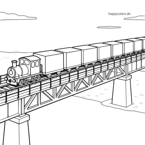 Ein langer Güterzug mit kleiner Dampflok und mehreren Waggons fährt über eine Stahlfachwerkbrücke in einfacher Linienzeichnung.