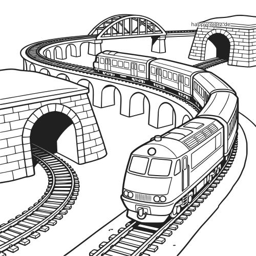 Schwarz-weiße Linienzeichnung einer Modelleisenbahn mit Lok, Waggons, gebogenen Gleisen, Tunneln und mehreren Brücken.