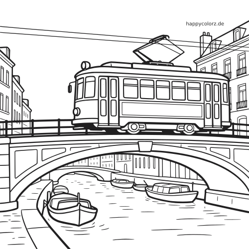 Eine Straßenbahn fährt über eine gewölbte Brücke über einen Kanal, darunter sind mehrere Boote und Häuser auf beiden Seiten zu sehen.