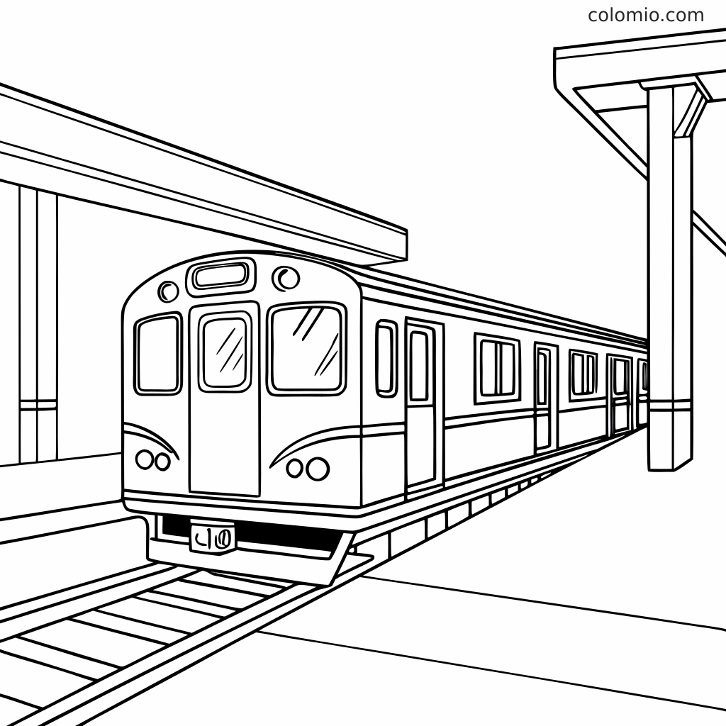 Ein Zug steht auf den Gleisen am Bahnsteig, von vorn gezeigt, mit mehreren Waggons und Stützen des Bahnhofsdachs.