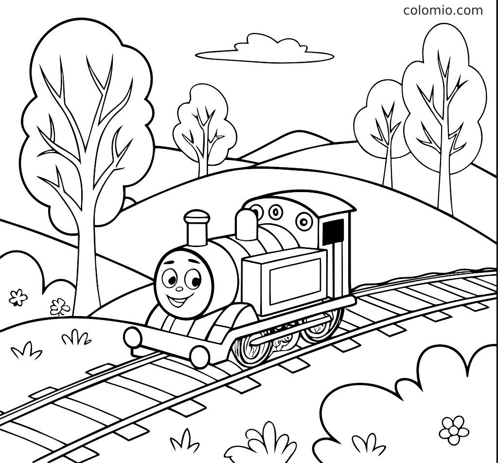 Eine lächelnde Lokomotive auf Eisenbahnschienen in einer hügeligen Landschaft mit mehreren Bäumen, Büschen, Blumen und einer Wolke darüber.